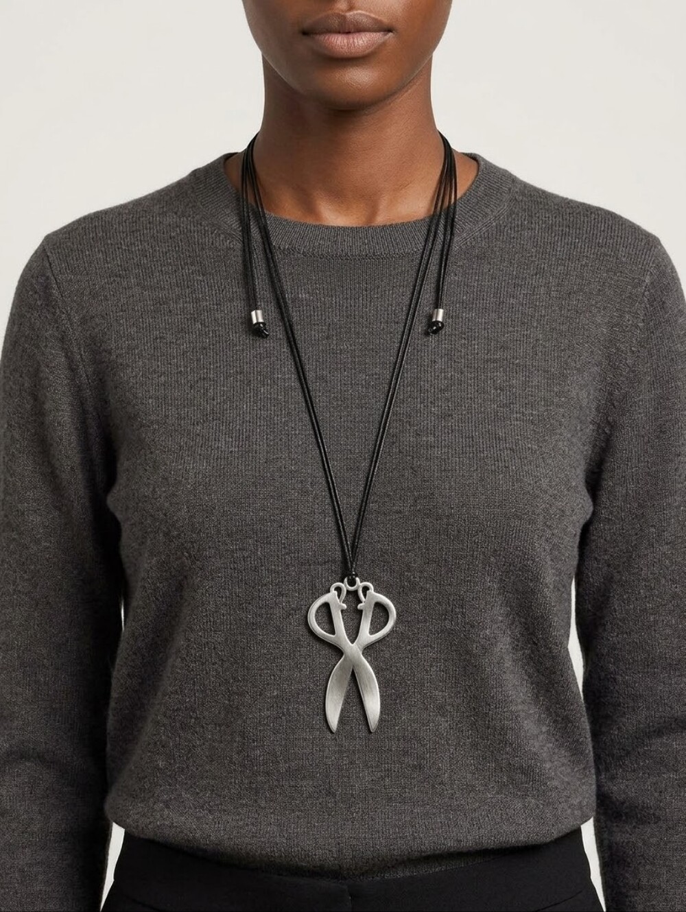 Statement Silver Tone Scissors Pendant Long Black Cord Necklace Adjustable Art